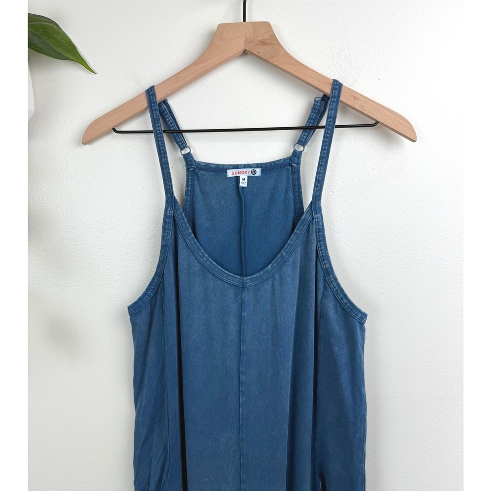 Sundry Womens Blue Washed Cotton Blend Wide Leg Jumpsuit Pockets M Boho Lounge - Picture 4 of 9